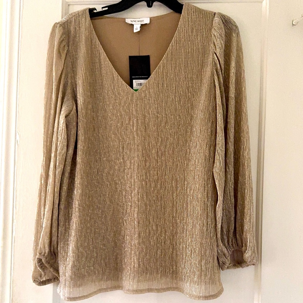 Nine West Shimmering Tan V-Neck Blouse Festive Holidays Eveningwear